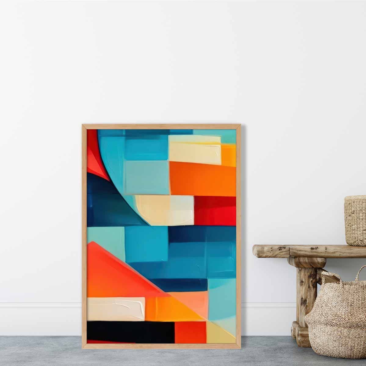 Abstraktes Gemälde, Kunstdruck mit farbenfrohen Formen, Blau, Rot und Orange Nr. 1
