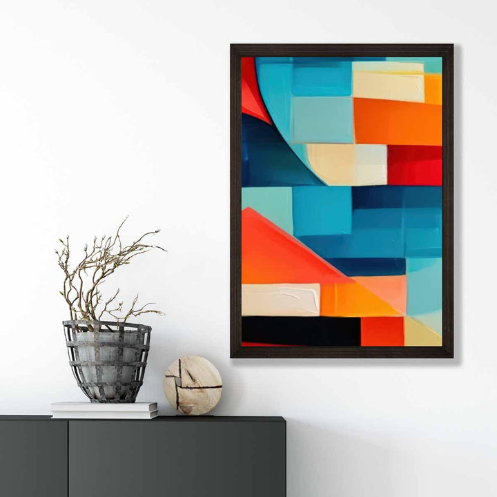 Abstraktes Gemälde, Kunstdruck mit farbenfrohen Formen, Blau, Rot und Orange Nr. 1