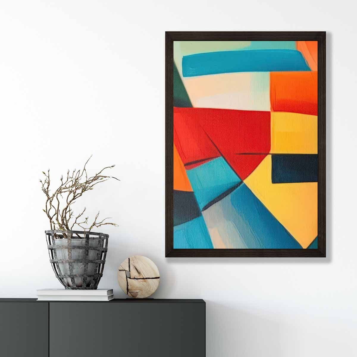Abstraktes Gemälde, farbige Formen, Kunstdruck, Blau, Rot und Gelb Nr. 4