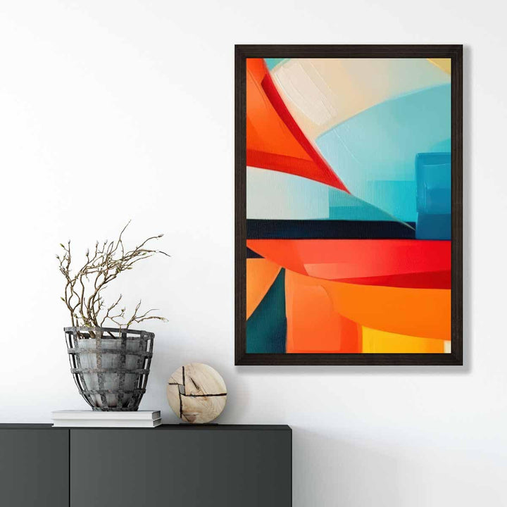 Abstraktes Gemälde, Kunstdruck mit farbenfrohen Formen, Blau, Rot und Orange Nr. 2