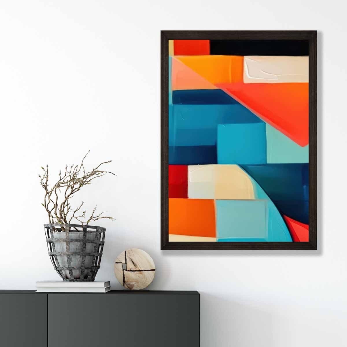 Abstraktes Gemälde, Kunstdruck mit farbenfrohen Formen, Blau, Rot und Orange Nr. 3