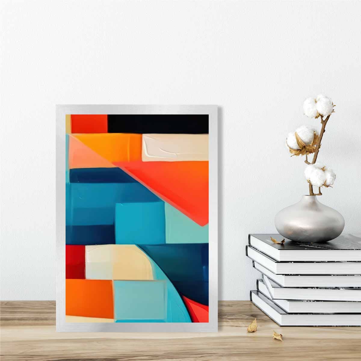 Abstraktes Gemälde, Kunstdruck mit farbenfrohen Formen, Blau, Rot und Orange Nr. 3