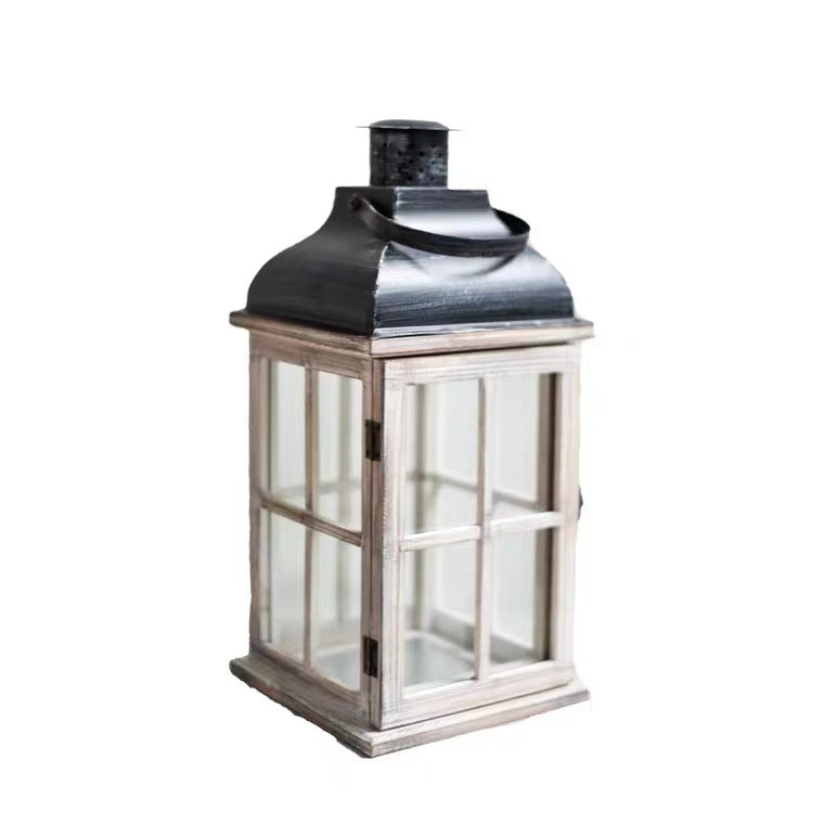 Vintage Bauernhaus Glas-Paneel Holzlaterne mit Metalldach Kerzenhalter Karnz