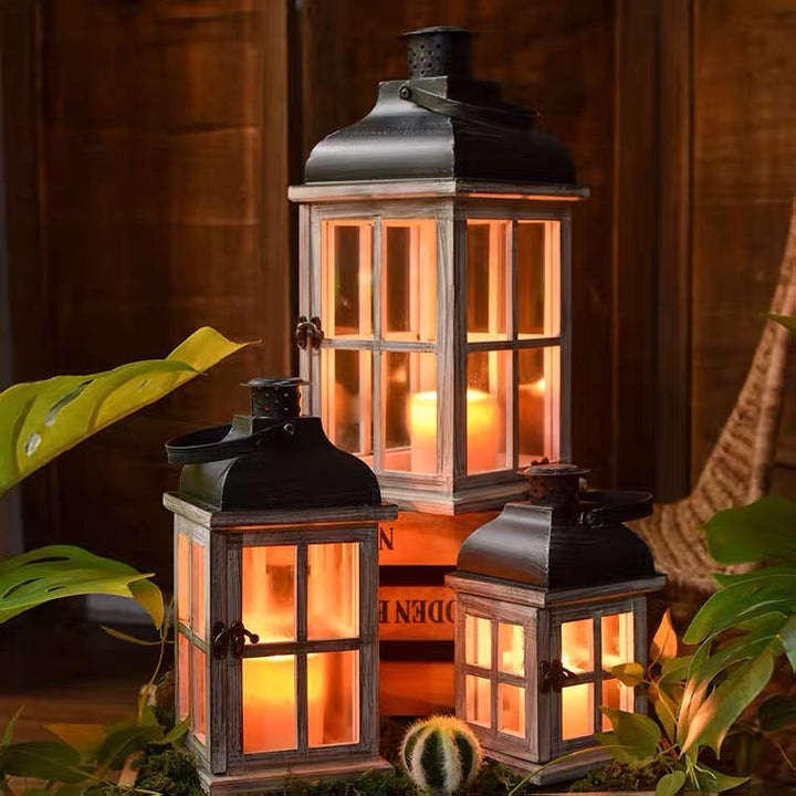 Vintage Bauernhaus Glas-Paneel Holzlaterne mit Metalldach Kerzenhalter Karnz
