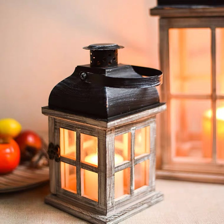 Vintage Bauernhaus Glas-Paneel Holzlaterne mit Metalldach Kerzenhalter Karnz