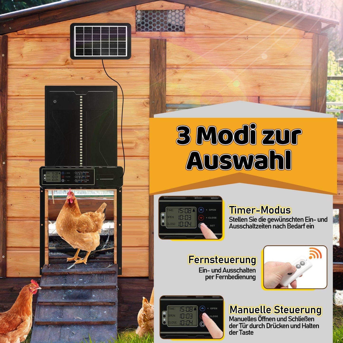 Elektrische Hühnerklappe Solar mit LED Display und Fernbedienung | Karnz