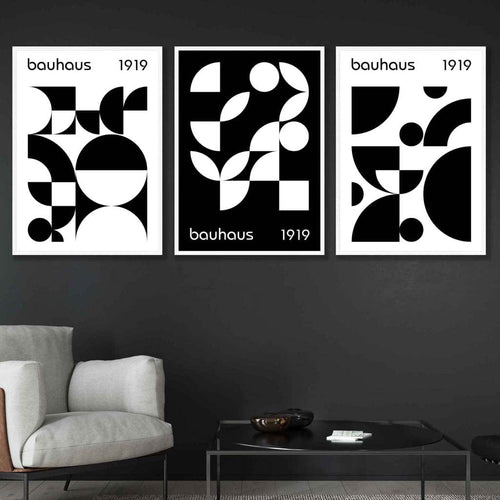 Grafische, geometrische Schwarz-Weiß-Grafiken im Bauhaus-Stil, 3 gerahmte Kunstdrucke