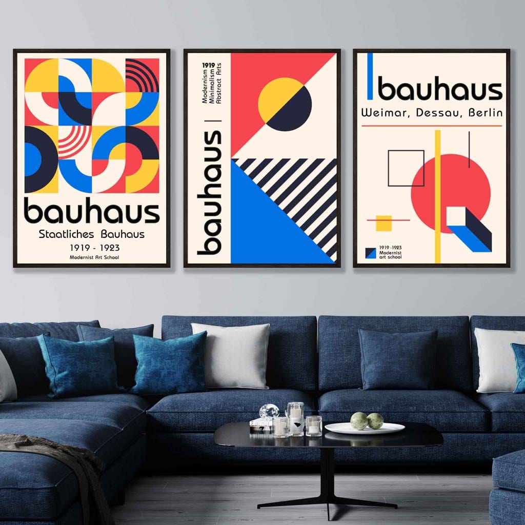 Bauhaus-Stil, Rot, Blau & Gelb, geometrisches 3er-Set Wandbilder