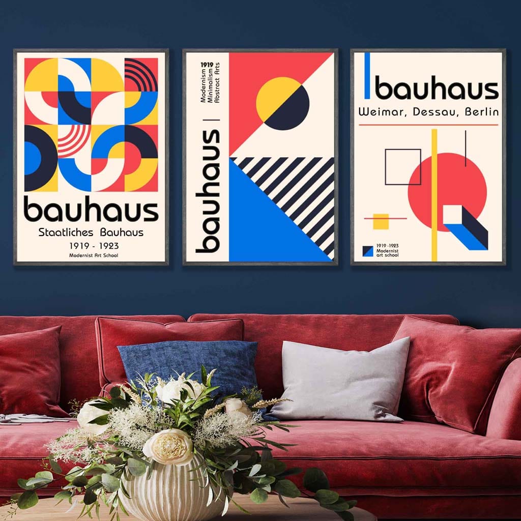 Bauhaus-Stil, Rot, Blau & Gelb, geometrisches 3er-Set Wandbilder