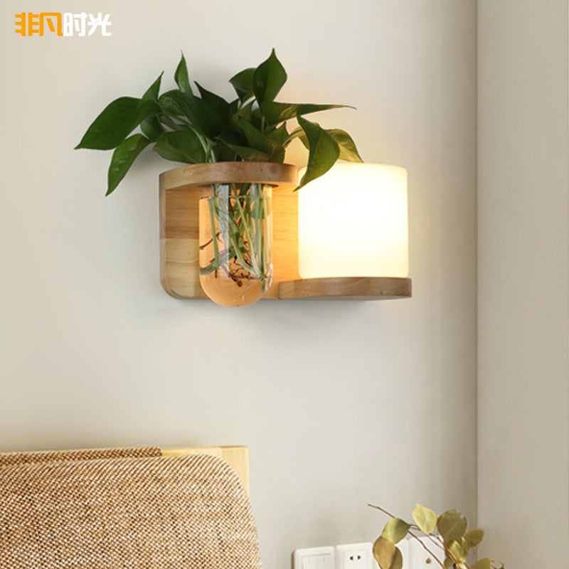 Cream Glas Würfel Wandleuchte Art Deco 1-Glühbirne Holz Wandmontage Licht mit Hydrokultur Pflanzentopf | Karnz