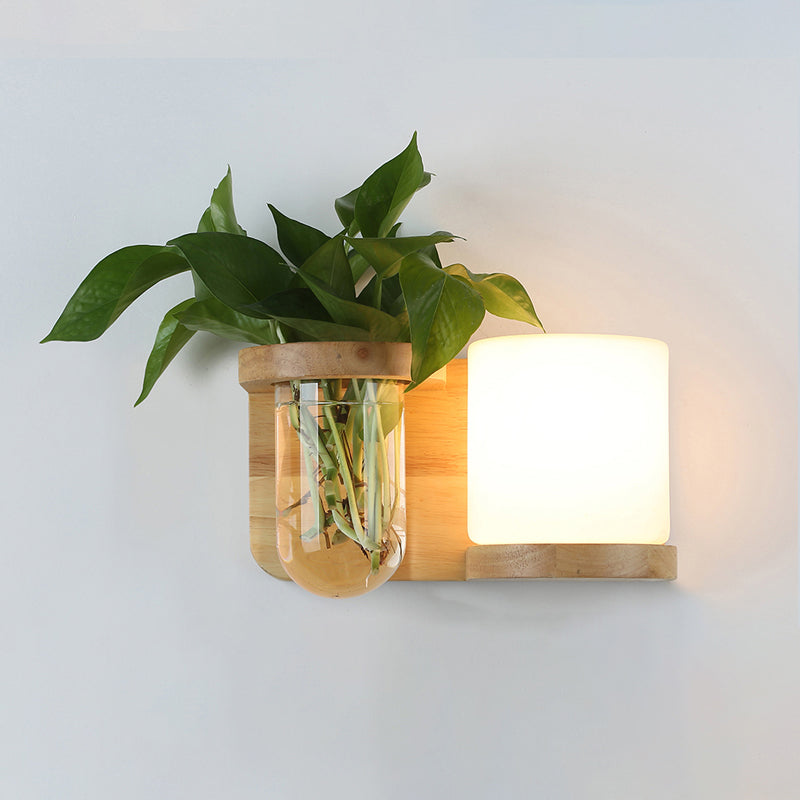 Cream Glas Würfel Wandleuchte Art Deco 1-Glühbirne Holz Wandmontage Licht mit Hydrokultur Pflanzentopf | Karnz