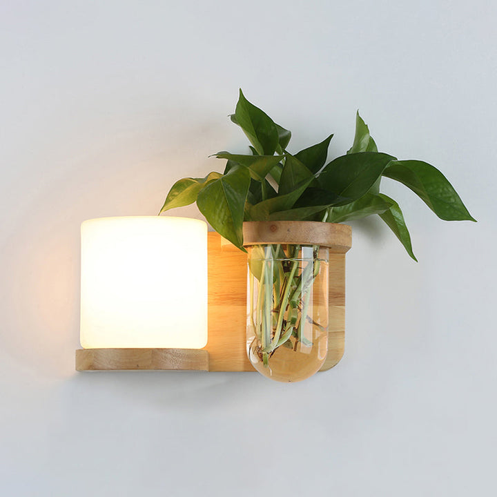 Cream Glas Würfel Wandleuchte Art Deco 1-Glühbirne Holz Wandmontage Licht mit Hydrokultur Pflanzentopf | Karnz