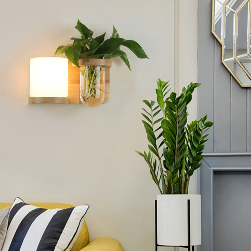 Cream Glas Würfel Wandleuchte Art Deco 1-Glühbirne Holz Wandmontage Licht mit Hydrokultur Pflanzentopf | Karnz