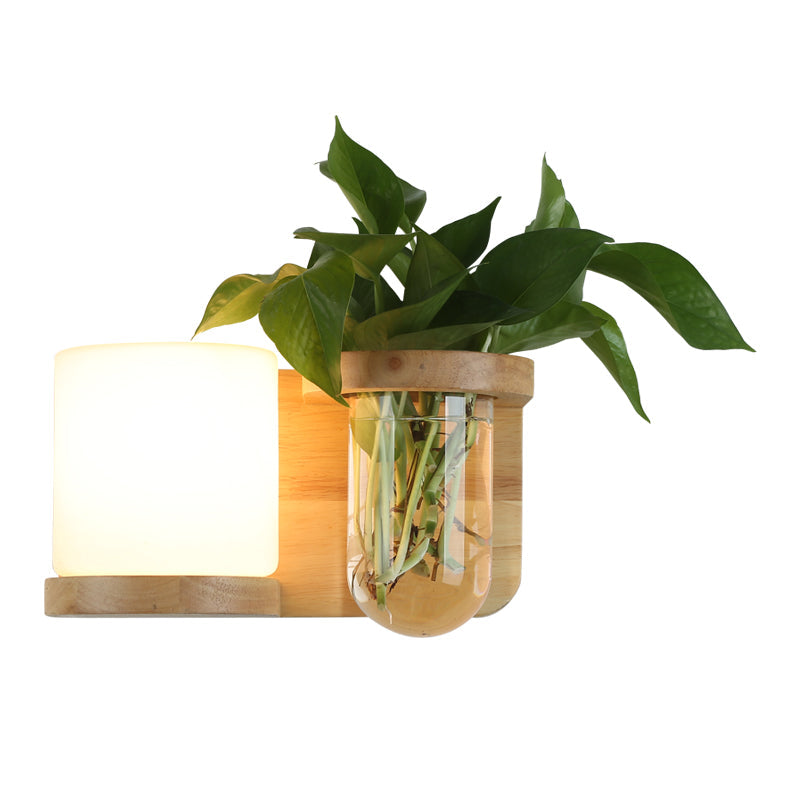 Cream Glas Würfel Wandleuchte Art Deco 1-Glühbirne Holz Wandmontage Licht mit Hydrokultur Pflanzentopf | Karnz
