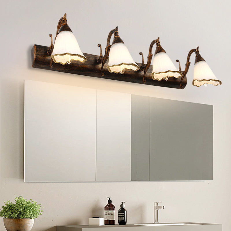 Blumenförmige Badezimmer-Wandleuchte, klassisches Opalglas, 2/3/4 Leuchten, Bronze/Weiß, Schminkbeleuchtung