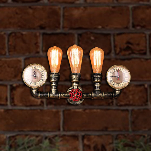 Antik Messing Rohr Wandlampe Rustikal Stilvoll 3 Köpfe Schmiedeeisen Wandlampenarmatur mit Manometer und Ventil Dekoration