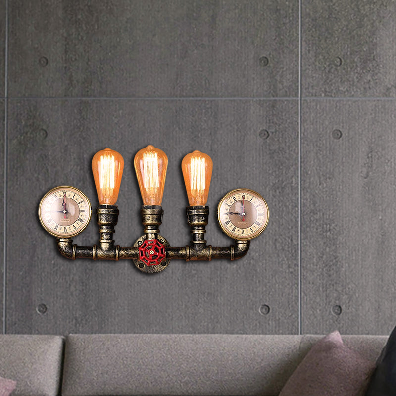 Antik Messing Rohr Wandlampe Rustikal Stilvoll 3 Köpfe Schmiedeeisen Wandlampenarmatur mit Manometer und Ventil Dekoration