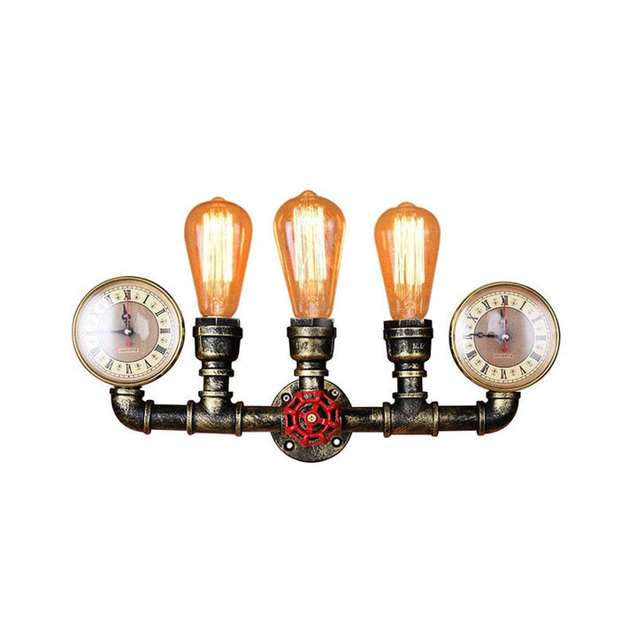 Antik Messing Rohr Wandlampe Rustikal Stilvoll 3 Köpfe Schmiedeeisen Wandlampenarmatur mit Manometer und Ventil Dekoration