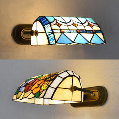 Banker Wandleuchte Retro-Stil Buntglas 1 Licht Wandmontage Leuchte in Beige/Blau für Nachttisch | Karnz
