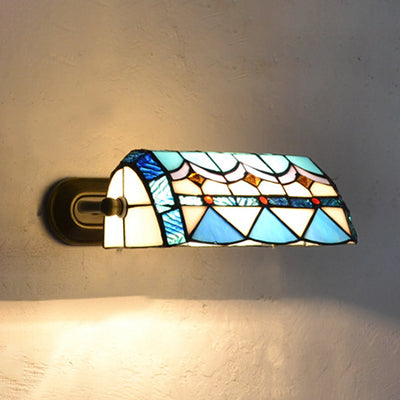Banker Wandleuchte Retro-Stil Buntglas 1 Licht Wandmontage Leuchte in Beige/Blau für Nachttisch | Karnz