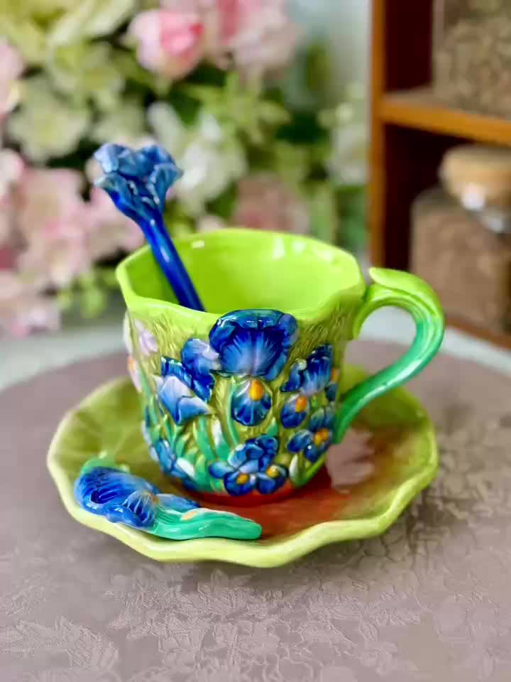 ArtSip Keramiktasse & Untertasse Set – Handgemalte 3D-Design inspiriert von Van Gogh | Karnz
