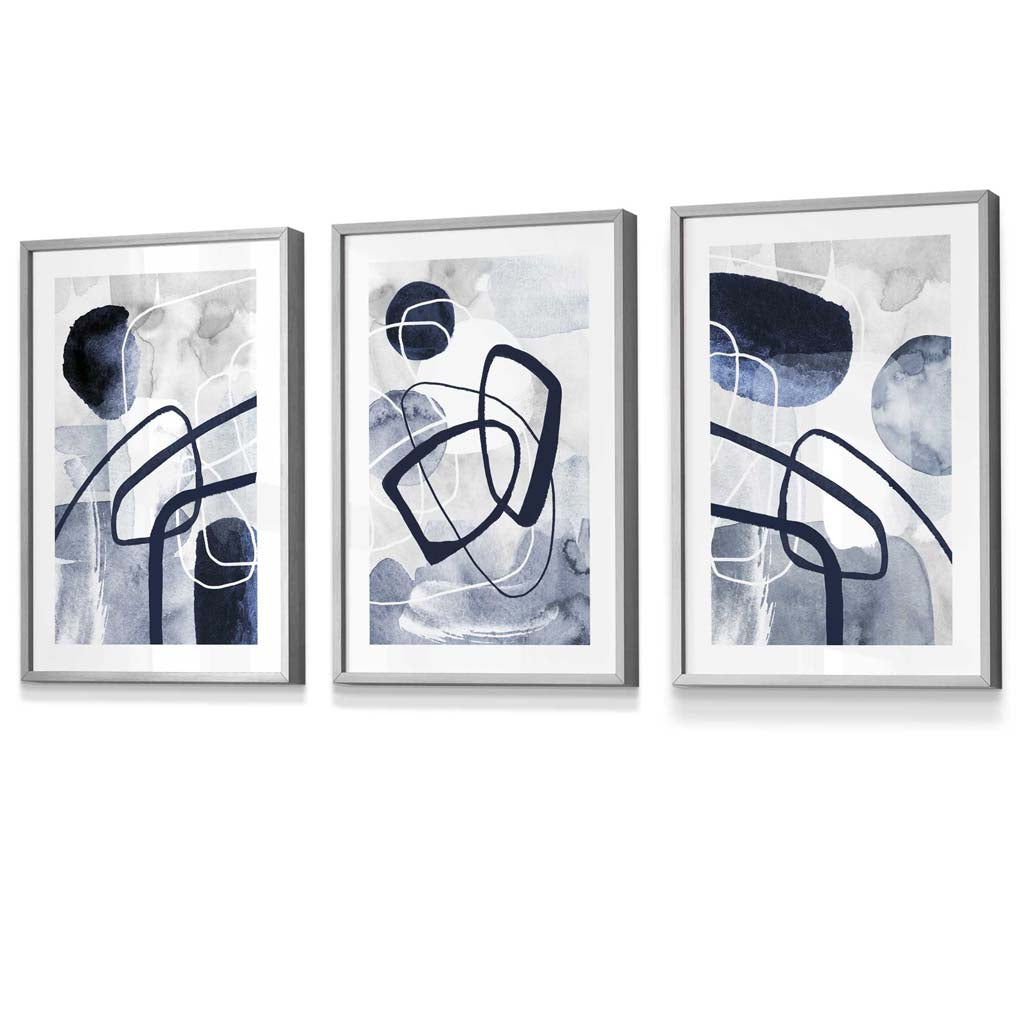 Abstrakte marineblaue Formen, 3er-Set gerahmter Wandbilder