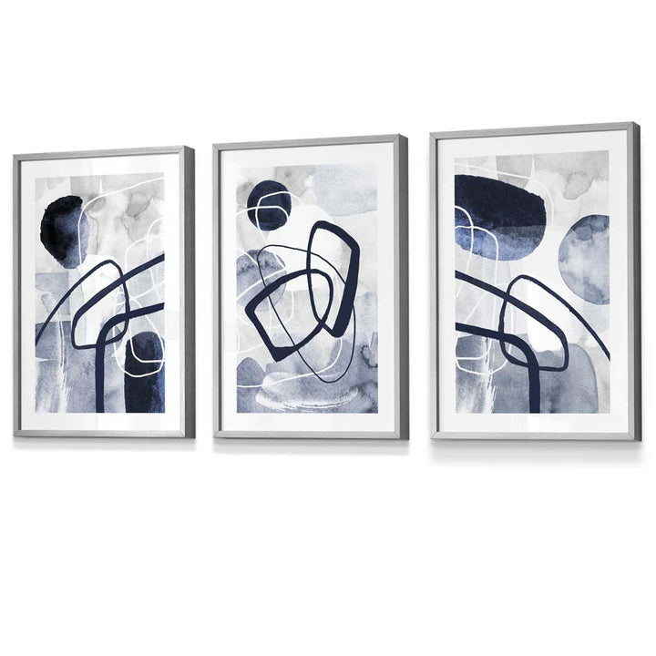 Abstrakte marineblaue Formen, 3er-Set gerahmter Wandbilder