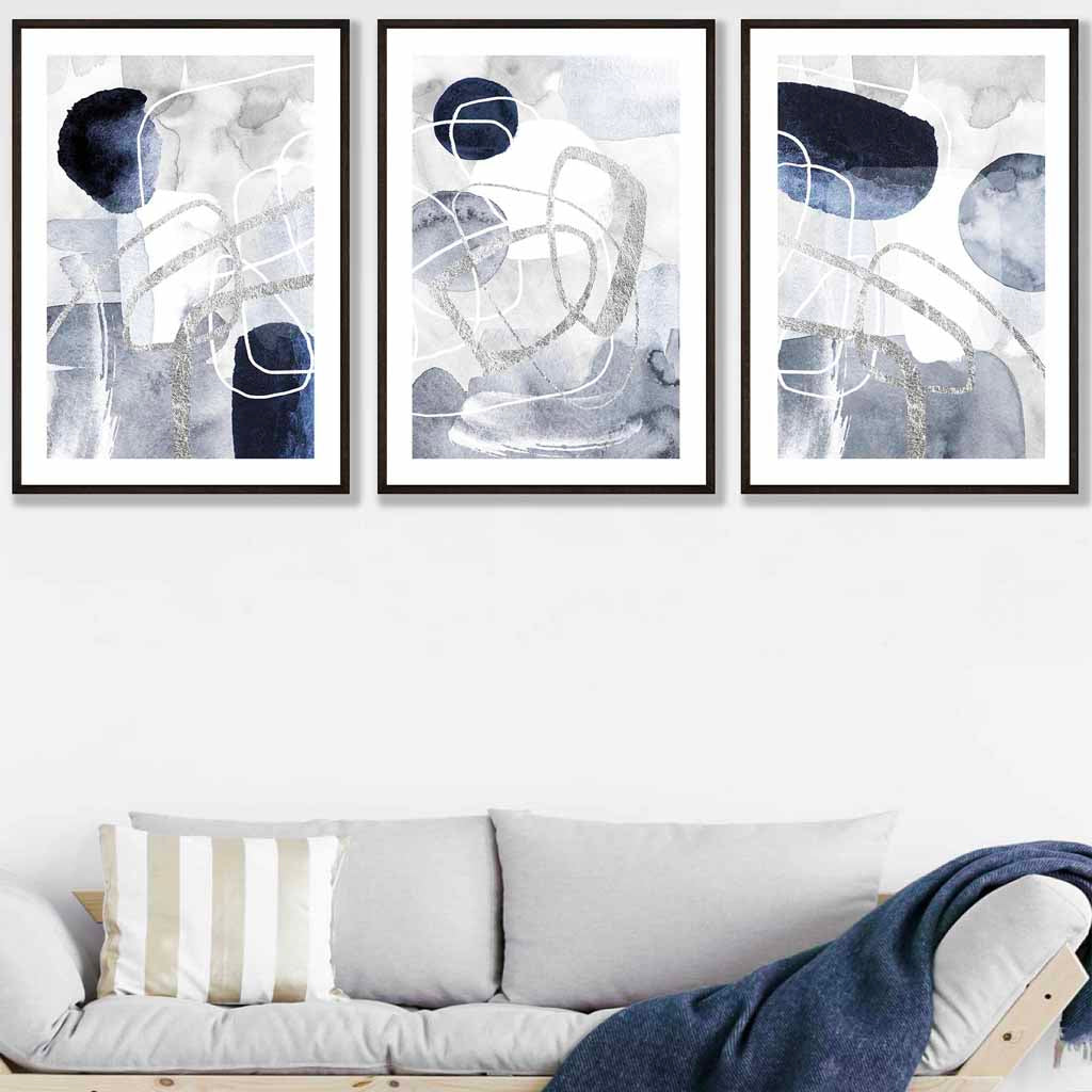 Abstrakte blaue und silberne Formen, 3er-Set Wandbilder