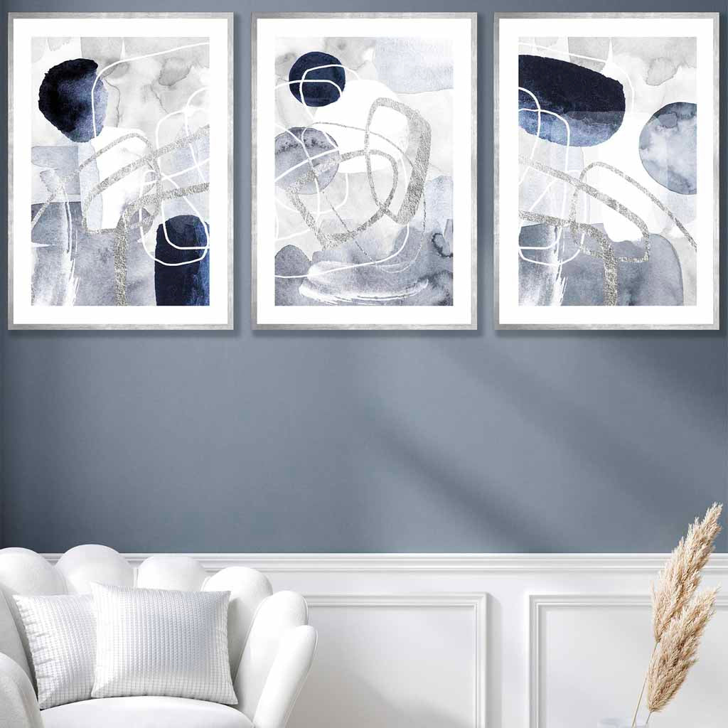 Abstrakte blaue und silberne Formen, 3er-Set Wandbilder