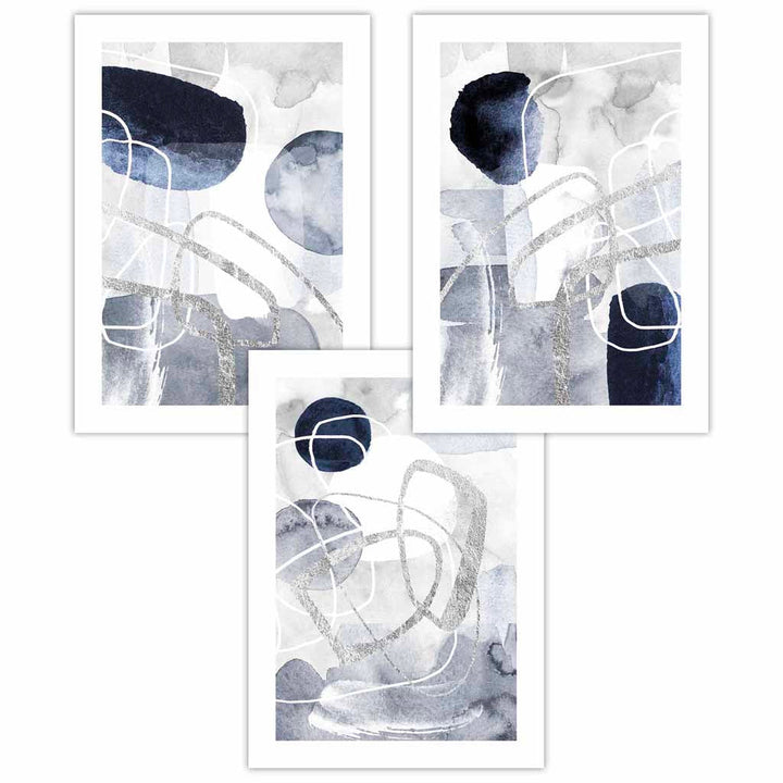 Abstrakte blaue und silberne Formen, 3er-Set Wandbilder