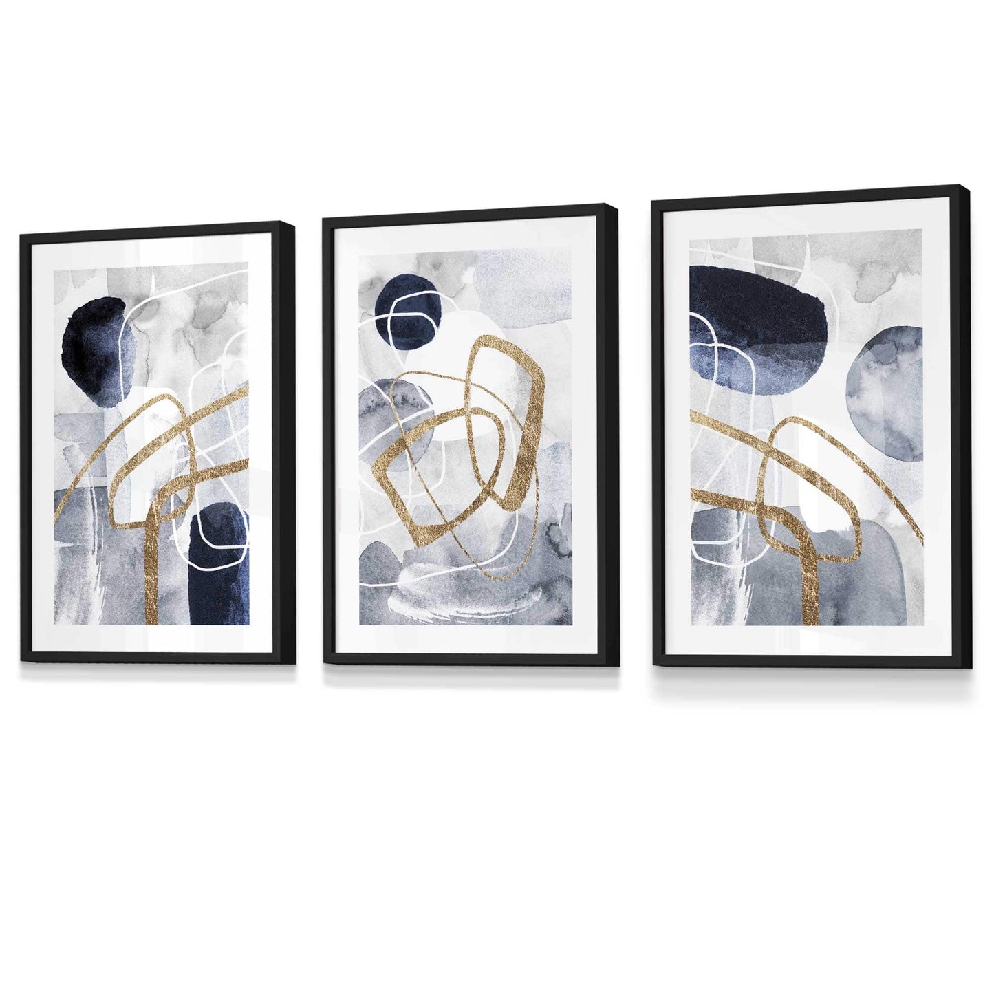 Abstrakte marineblaue und goldene Formen, 3er-Set gerahmte Kunstdrucke