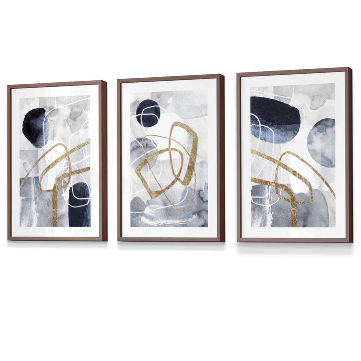 Abstrakte marineblaue und goldene Formen, 3er-Set gerahmte Kunstdrucke