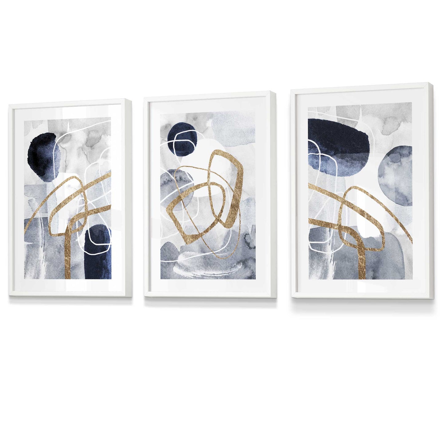 Abstrakte marineblaue und goldene Formen, 3er-Set gerahmte Kunstdrucke