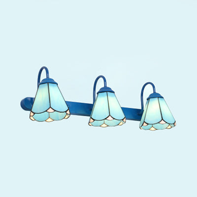 Konische Vanity Lichtarmatur Tiffany Weiß/Blaue Glas 3 Köpfe Wandmontage Licht für Badezimmer | Karnz