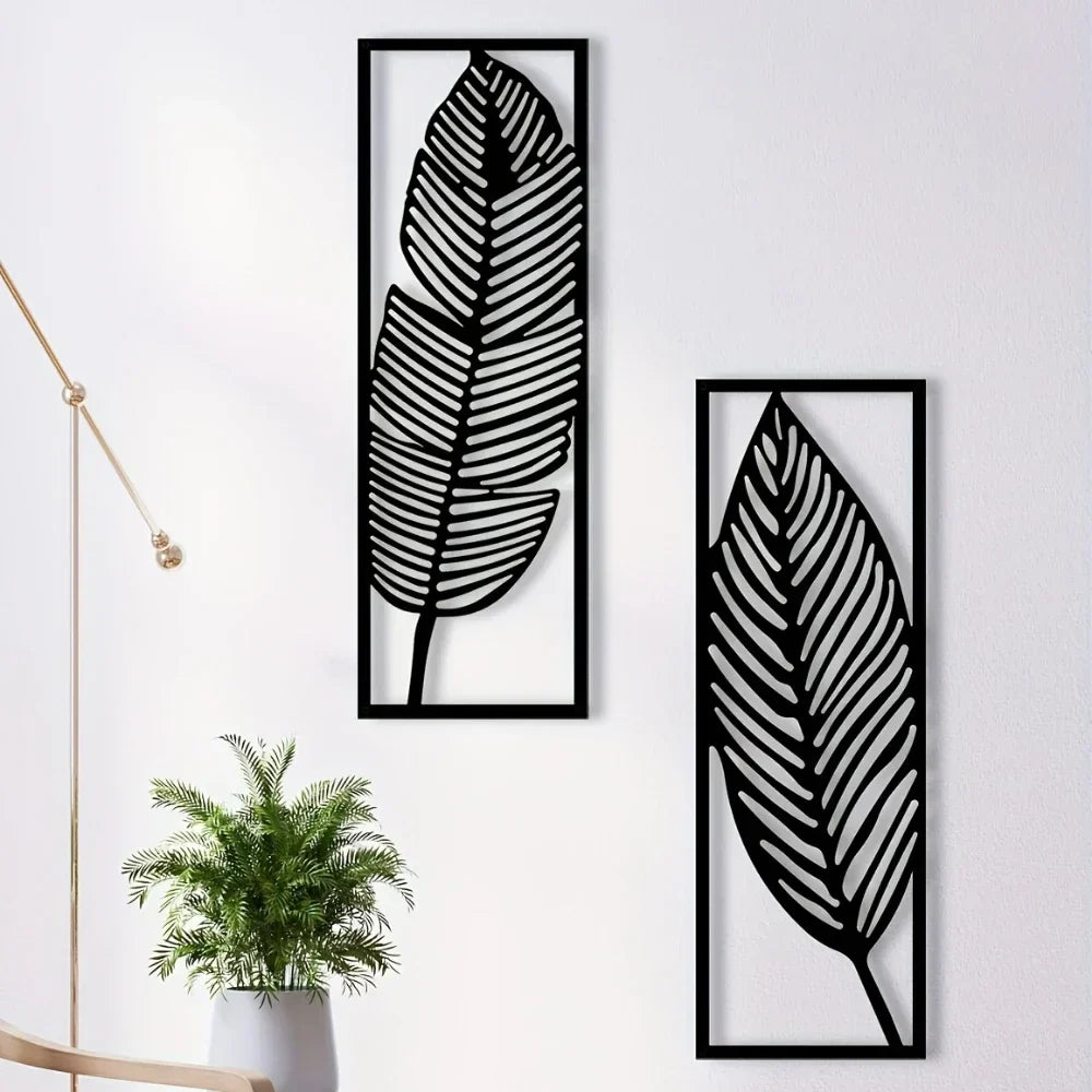 Set aus 2 Stück Blatt-Silhouetten Metall Wandkunst 3D Skulpturierte Eisenhandwerk Blätter Federn Wanddeko für Wohnzimmer Esszimmer Garten Kreative Nordische Wohnkultur