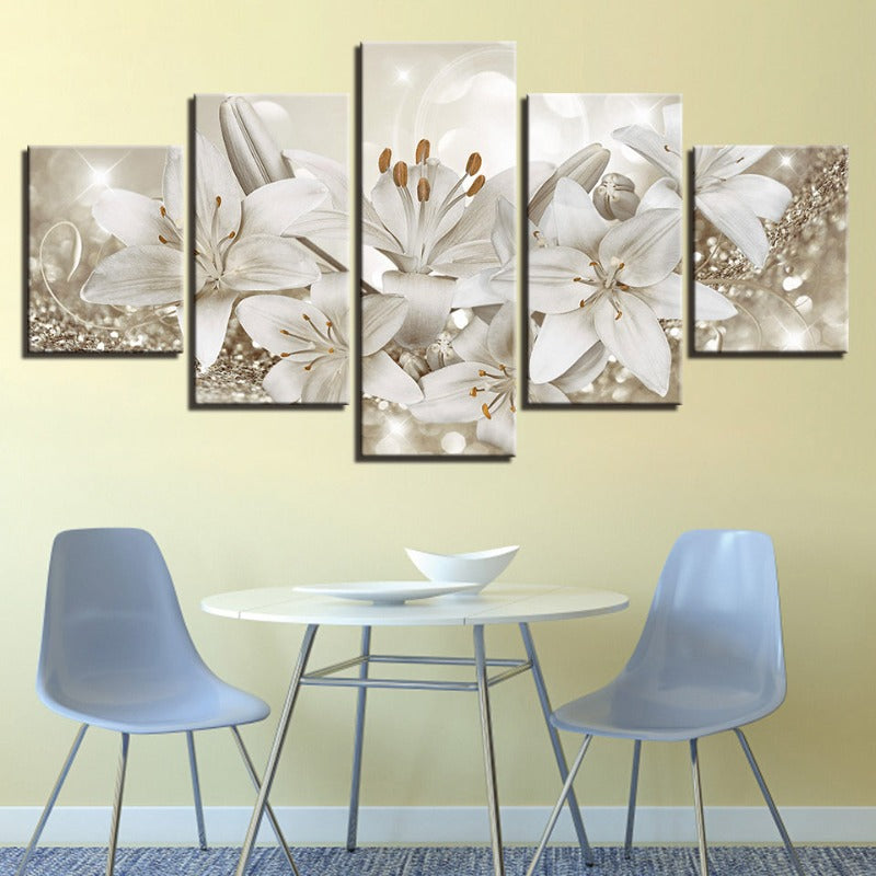 5-teiliges Golden & Weiß Hintergrund Blumen - Leinwand Wandkunst Gemälde