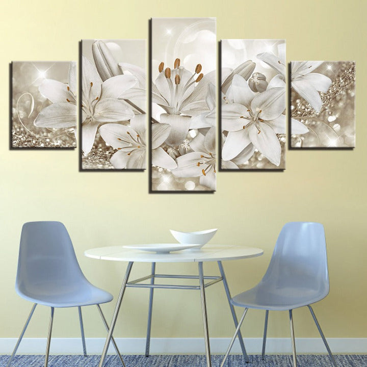5-teiliges Golden & Weiß Hintergrund Blumen - Leinwand Wandkunst Gemälde