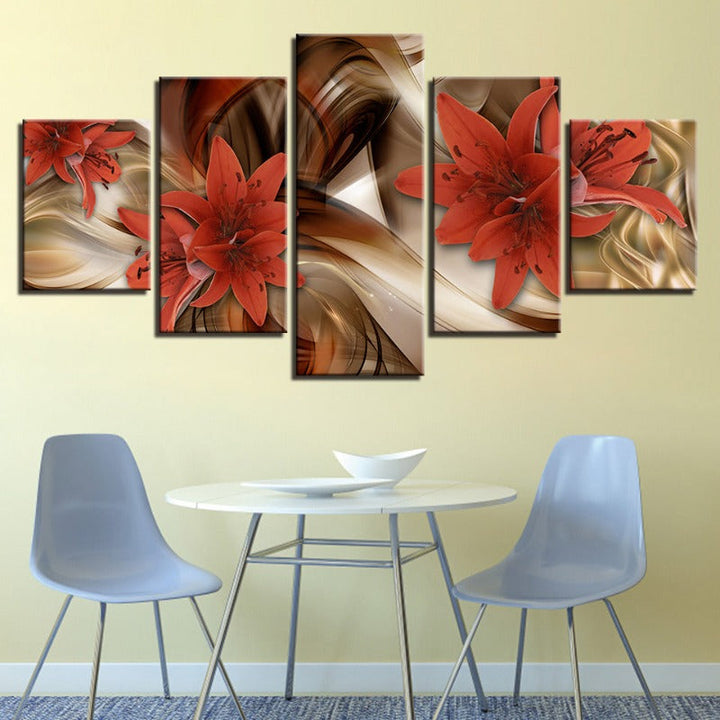 5-teilige goldene Hintergrund rote Blume - Leinwand Wandkunst Malerei