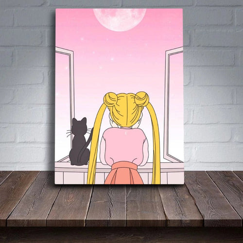 Mädchen Und Ihr Mond Katze - Leinwand Wandkunst Gemälde