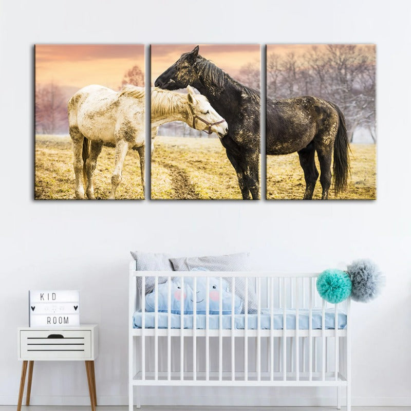 Schwarz & Weiße Pferde-Canvas Wandkunst Gemälde 3 Stücke