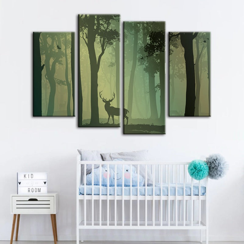 4-teilige verzauberte grünfarbige Silhouette von Rehen - Leinwand Wandkunst Gemälde