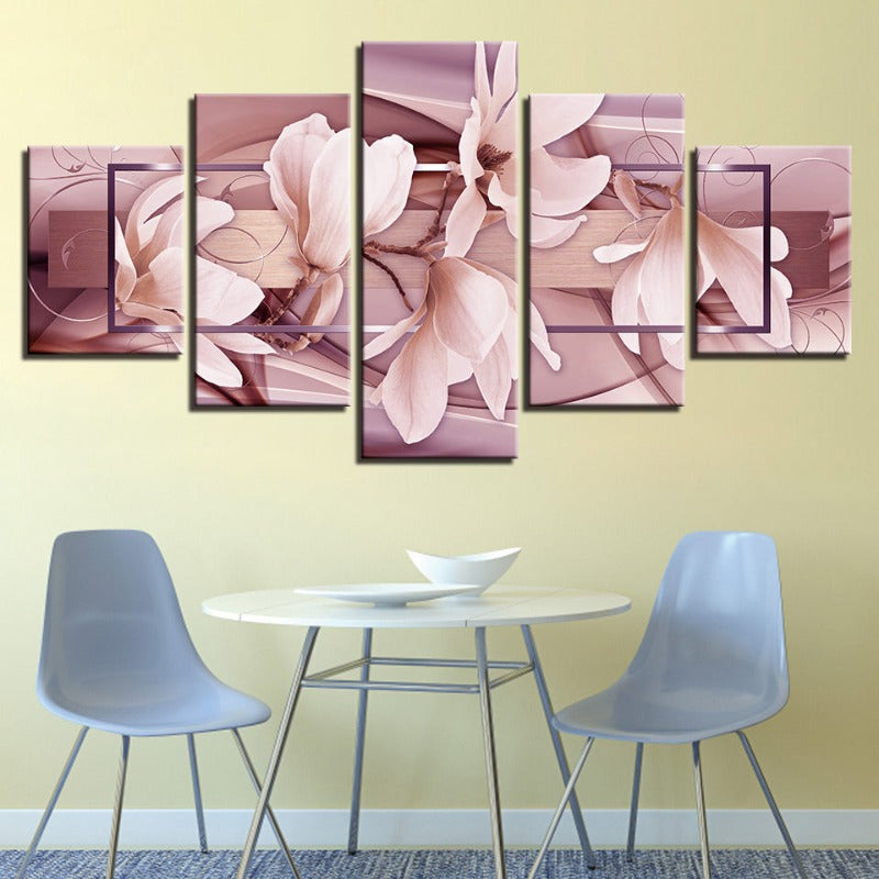 5-teiliges Lichtrosa Blumen - Leinwand Wandkunst Gemälde