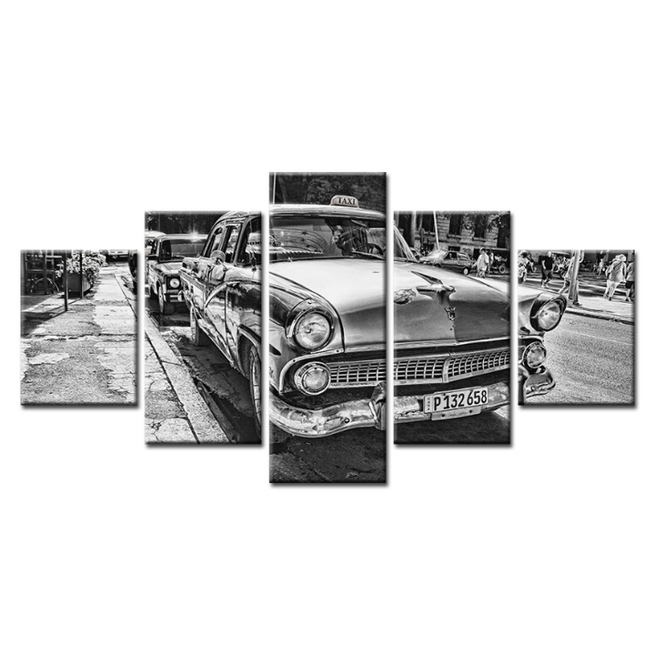 5-teiliges Schwarz-Weiß Vintage-Auto - Leinwand Wandkunst Gemälde