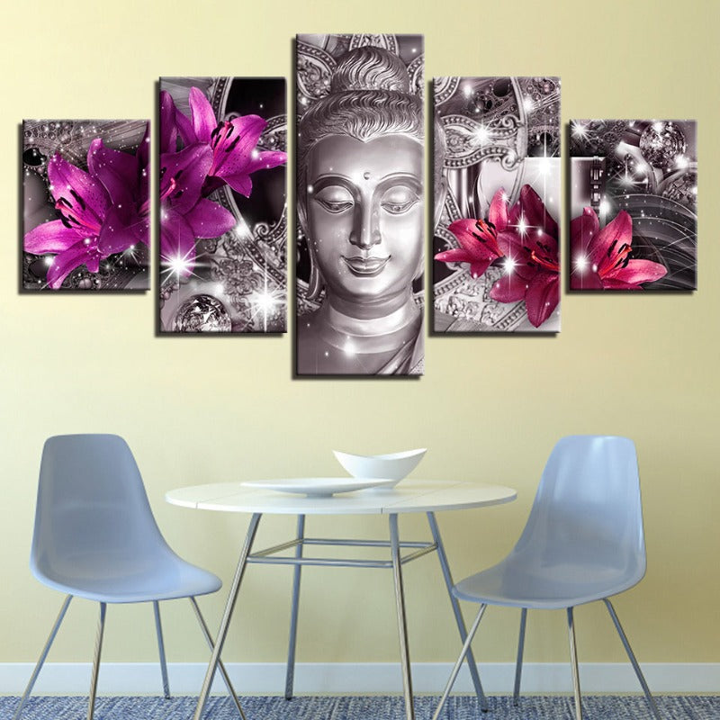5-teilige Buddha mit lila und pinken Tulpenblumen - Leinwand Wandkunst Gemälde
