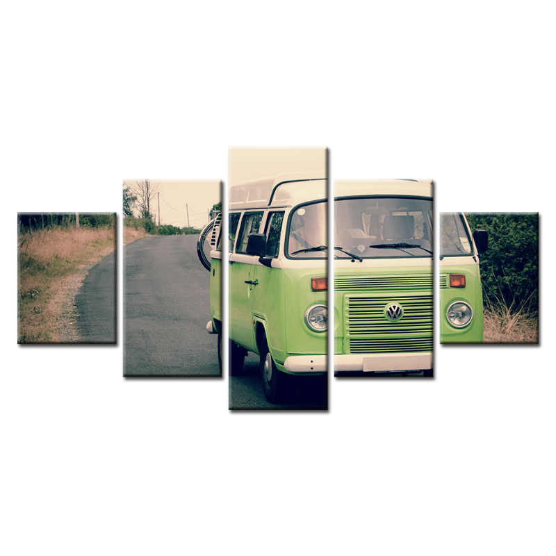 5-teiliges Hellgrünes Vintage Bus Auto - Leinwand Wandkunst Gemälde