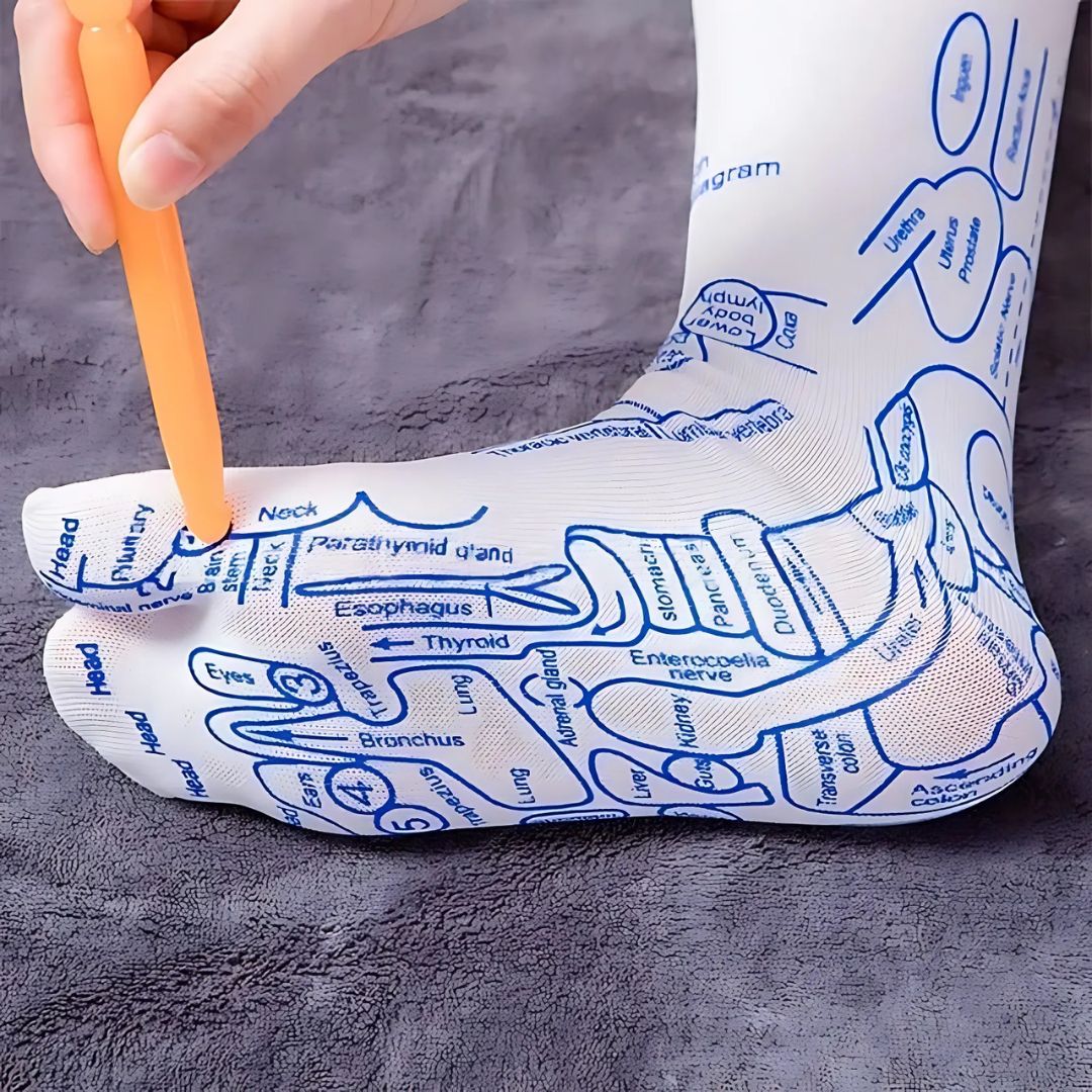 ReflexEase | Reflexzonen Socken – Bedruckte Karte & Werkzeug – Atmungsaktives Material mit Geteilten Zehen – Stressabbau & Fußermüdung Erholung zu Hause Karnz