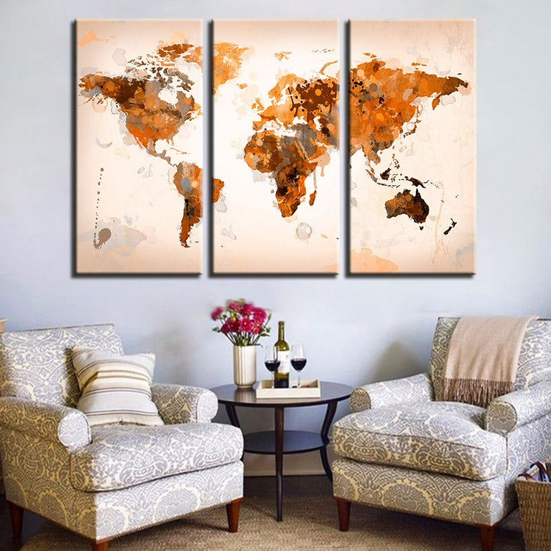 Schöne abstrakte braune Weltkarte-Canvas-Wandkunstbild 3 Teile