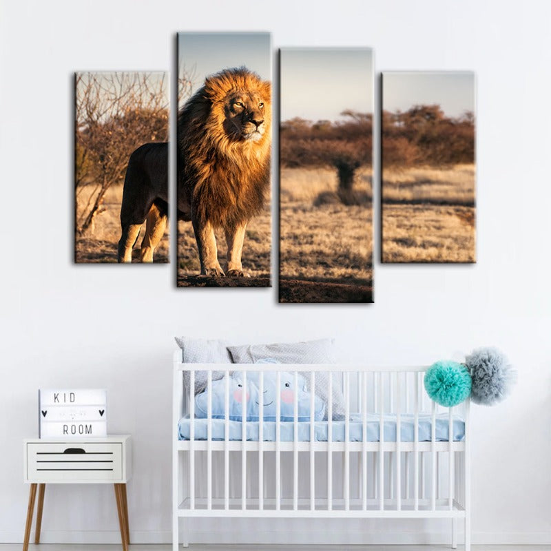 4-teiliger majestätischer Löwe im Sonnenlicht - Leinwand Wandkunst Malerei
