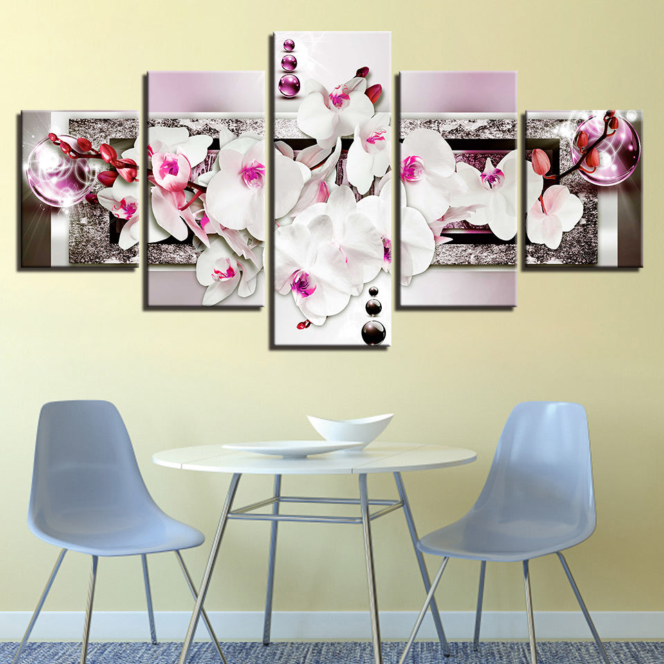 Atemberaubendes 5-teiliges Leinwandbild mit weißen und rosa Orchideen