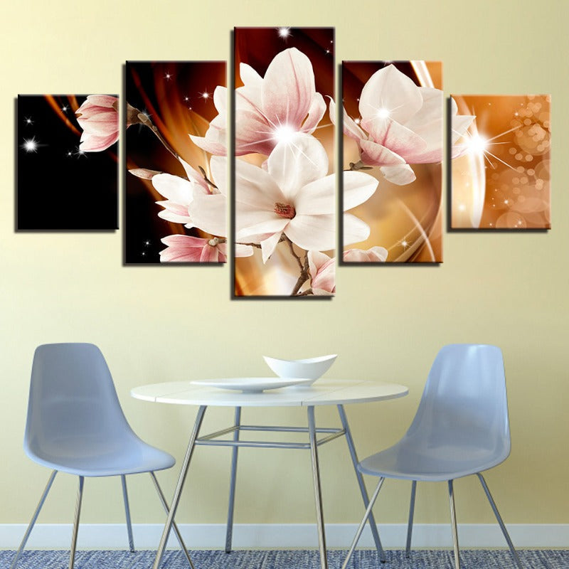 5 Stück Orange Hintergrund Weiße Blume - Leinwand Wandkunst Gemälde